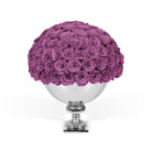 Purple roses in a silver vase on a white background