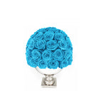 Blue roses in a white vase on a white background