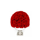 Bouquet of red roses in a white vase on a white background