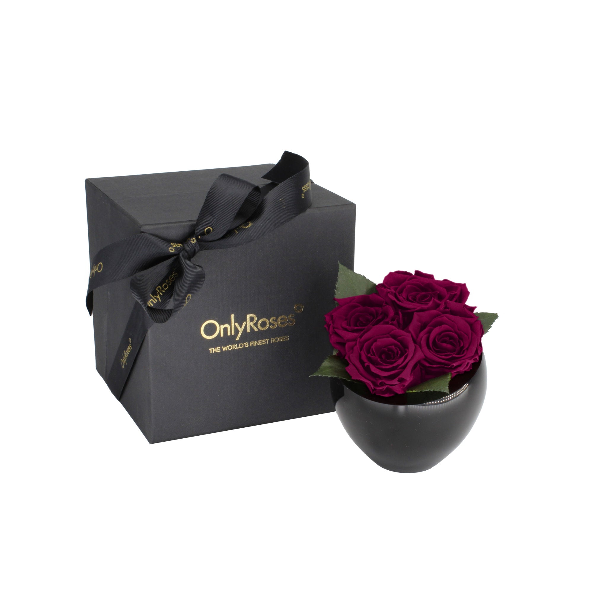Black gift box with a bow and 'Only Roses' branding next to a black vase with purple roses on a white background.