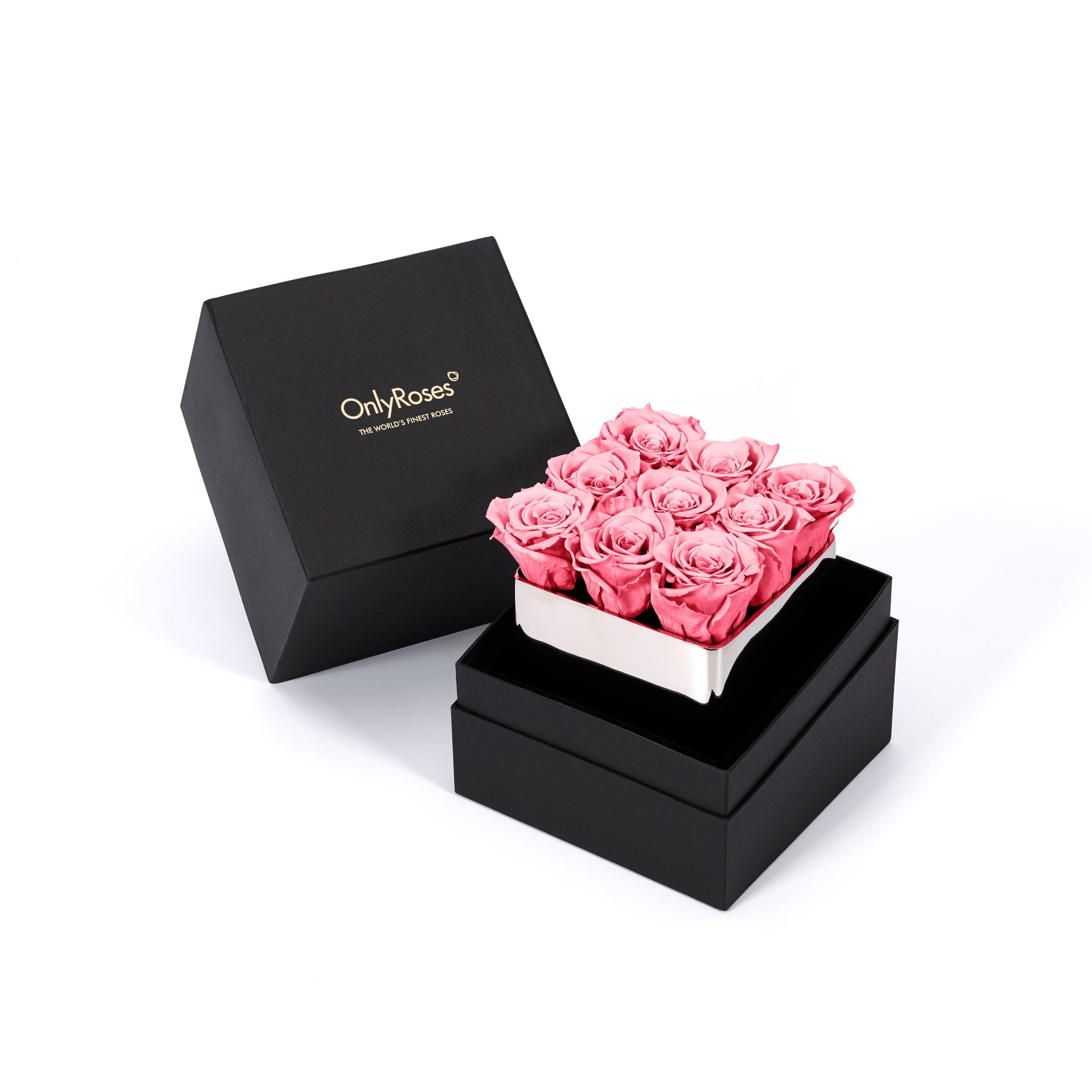 Black box with pink roses and 'Only Roses' branding on a white background