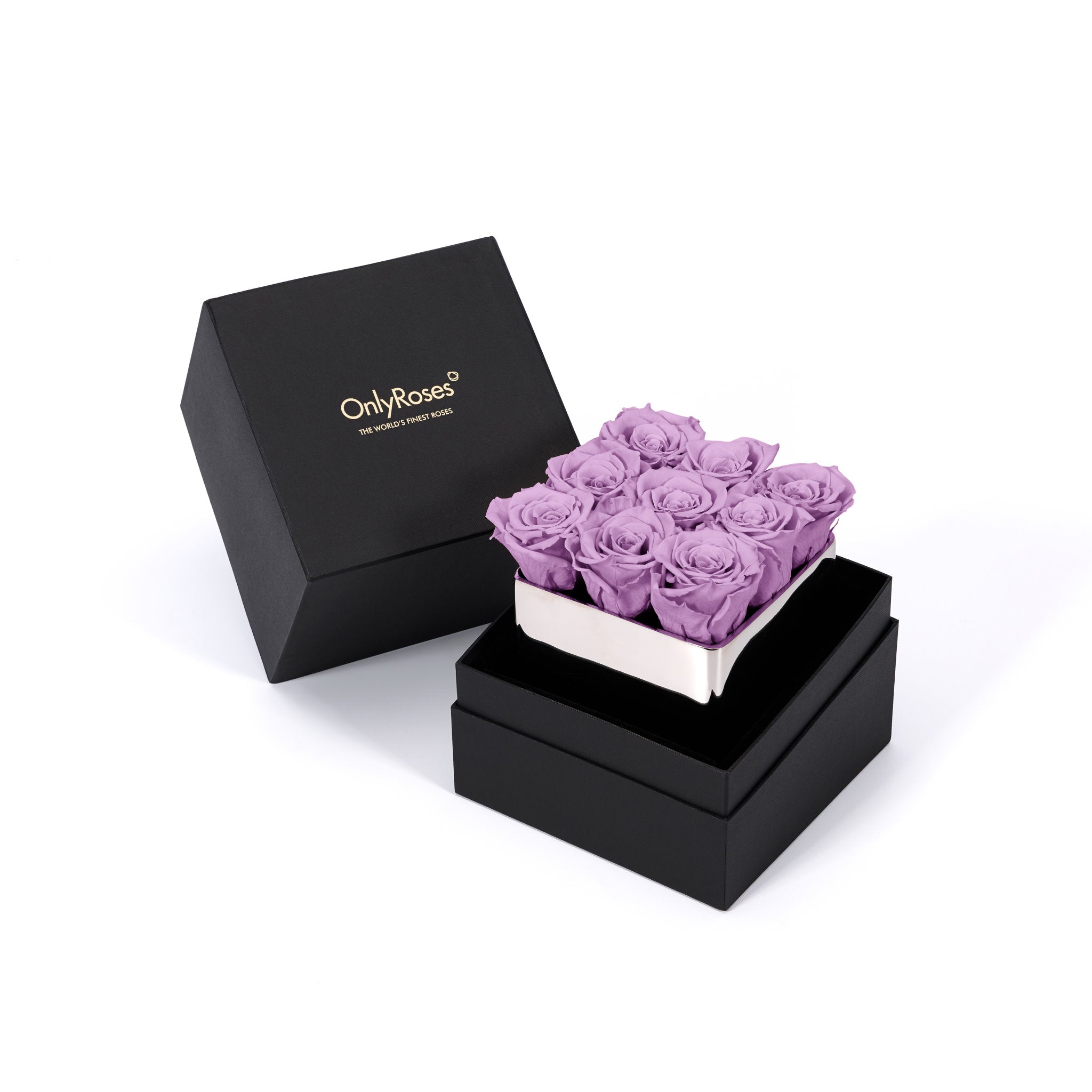 Black box with purple roses and 'Only Roses' branding on a white background