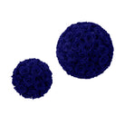 Two navy blue rose balls on a white background