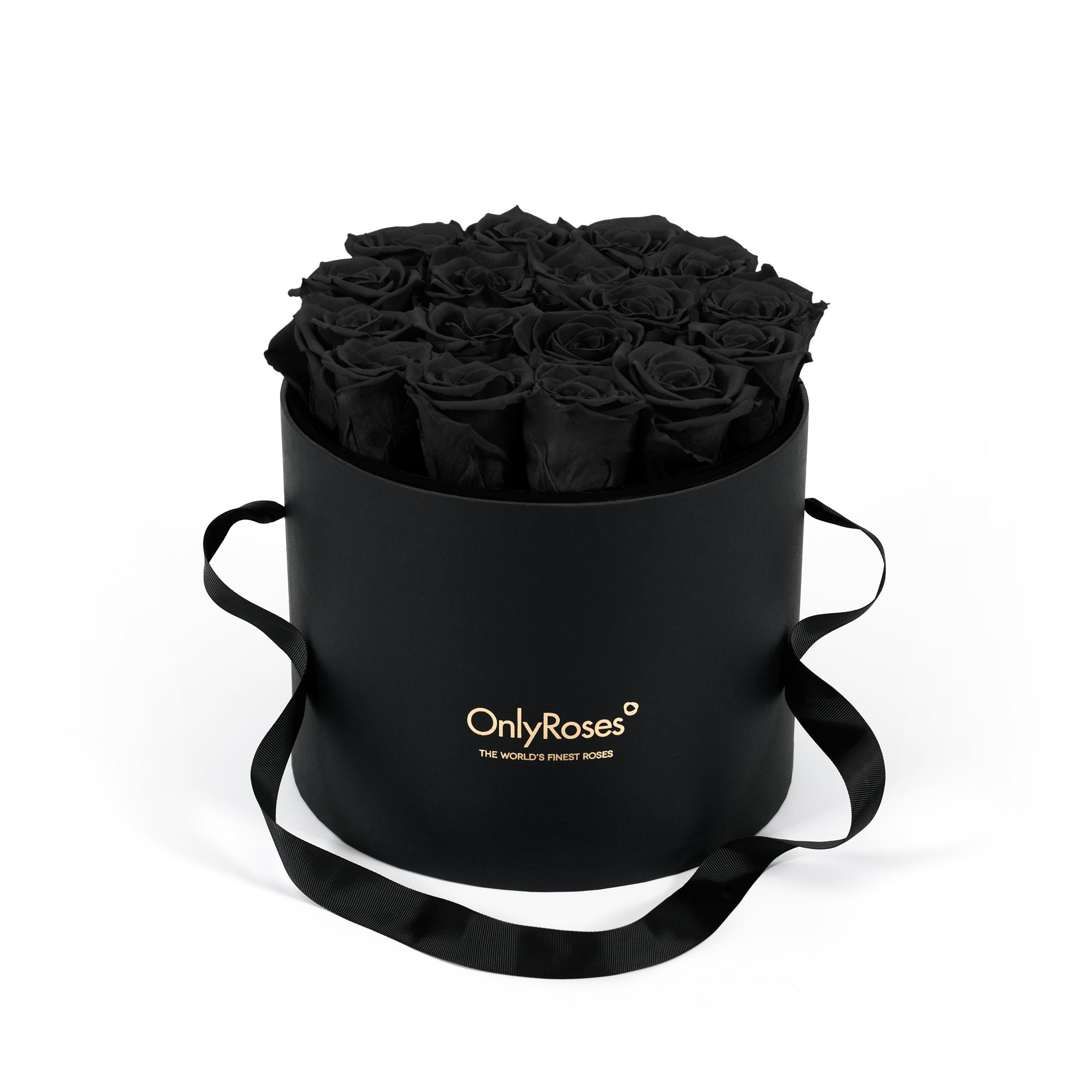 Black round box with black roses and 'Only Roses' logo on a white background