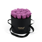 Black round box with purple roses and 'Only Roses' logo on a white background