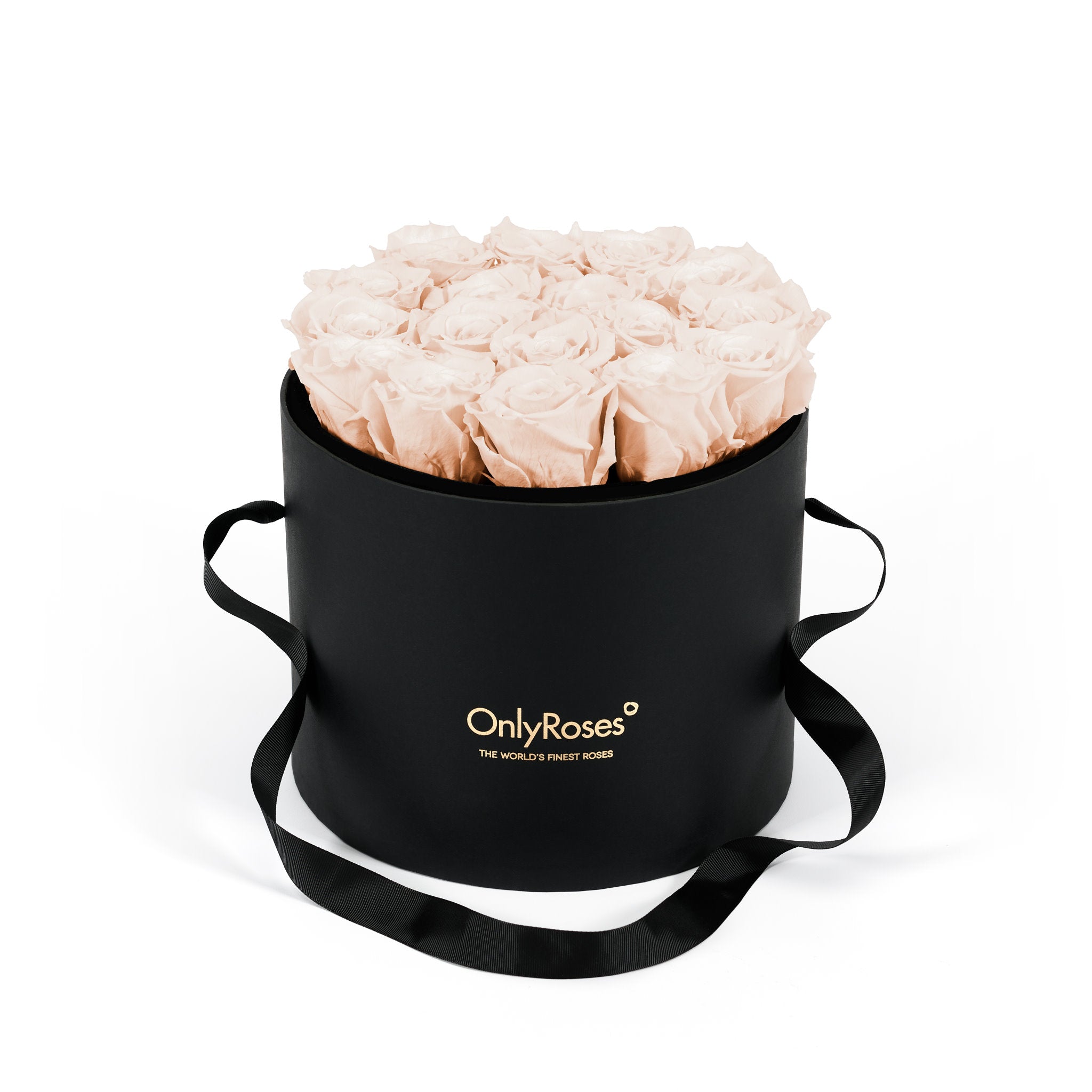 Black round box with beige roses and 'Only Roses' logo on a white background