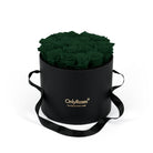 Black round box with dark green roses and 'Only Roses' logo on a white background