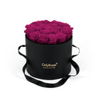 Black round box with pink roses and 'Only Roses' logo on a white background