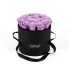 Black round box with purple roses and 'Only Roses' logo on a white background