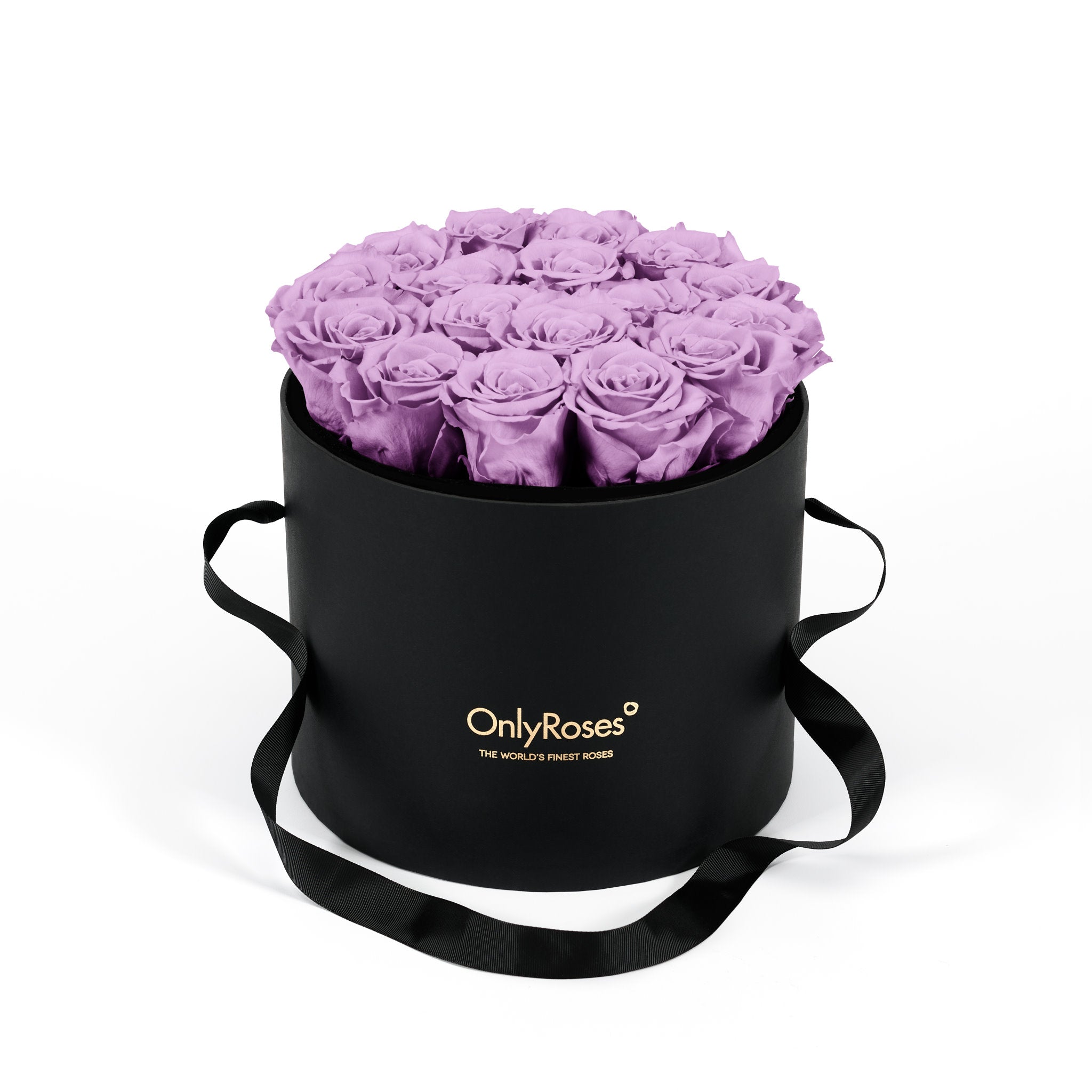 Black round box with purple roses and 'Only Roses' logo on a white background