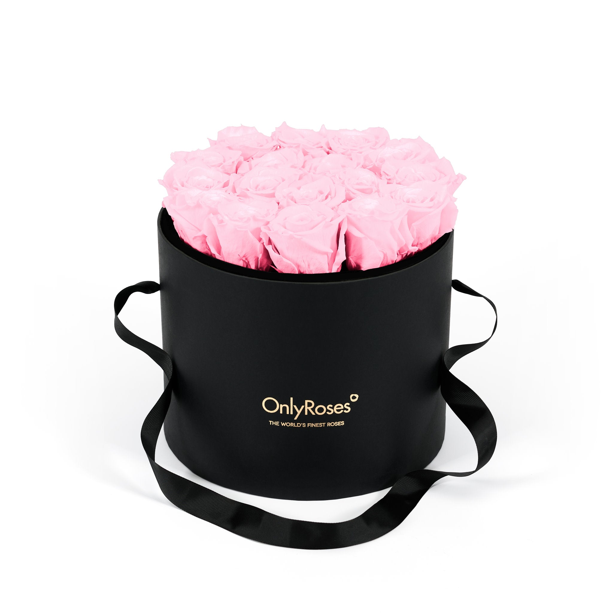 Black round box with pink roses and 'Only Roses' logo on a white background