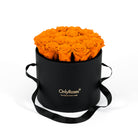 Black round box with orange roses and 'Only Roses' branding on a white background