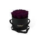 Black round box with purple roses and 'Only Roses' branding on a white background