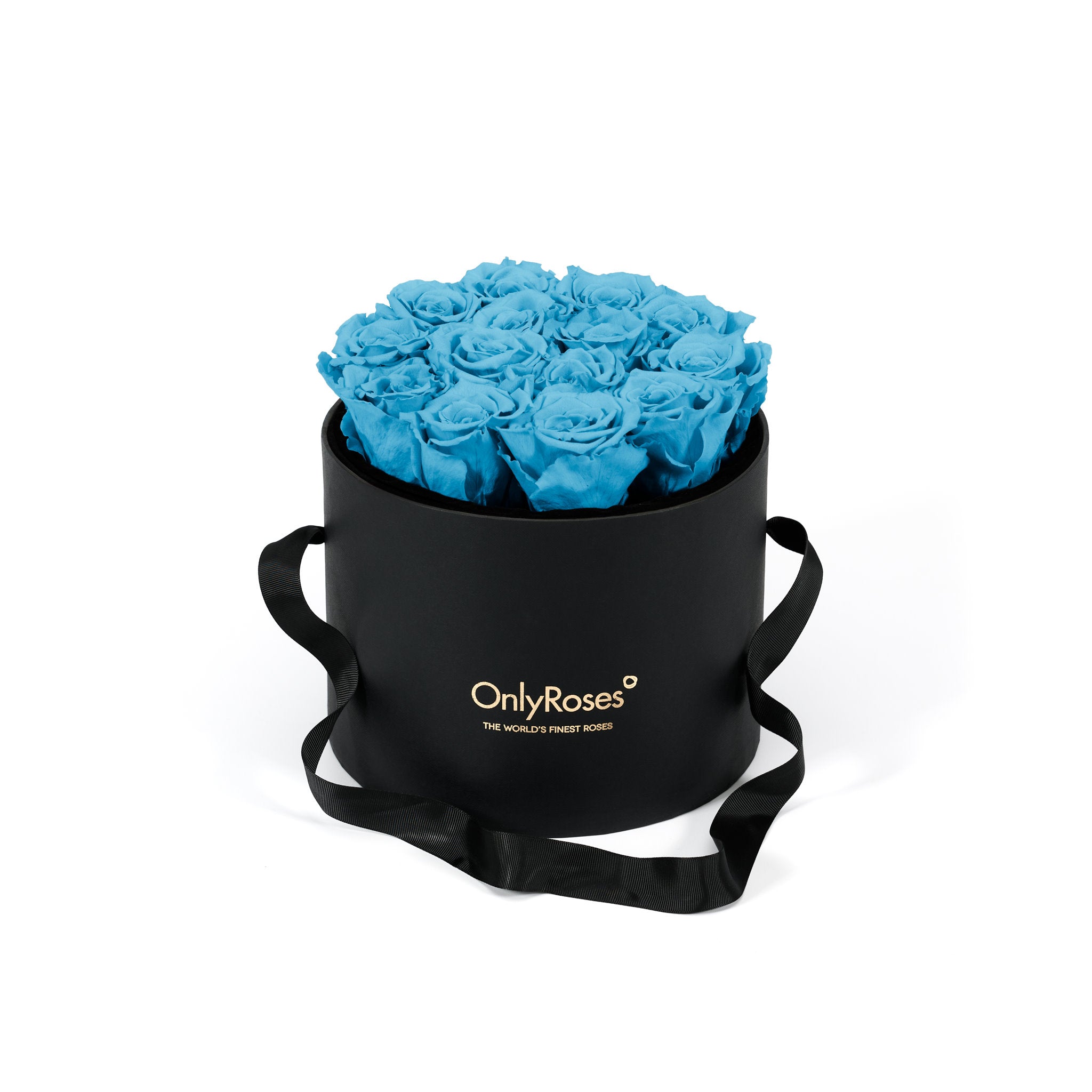 Black box with blue roses and 'Only Roses' branding on a white background