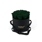 Black round box with dark green roses and 'Only Roses' branding on a white background