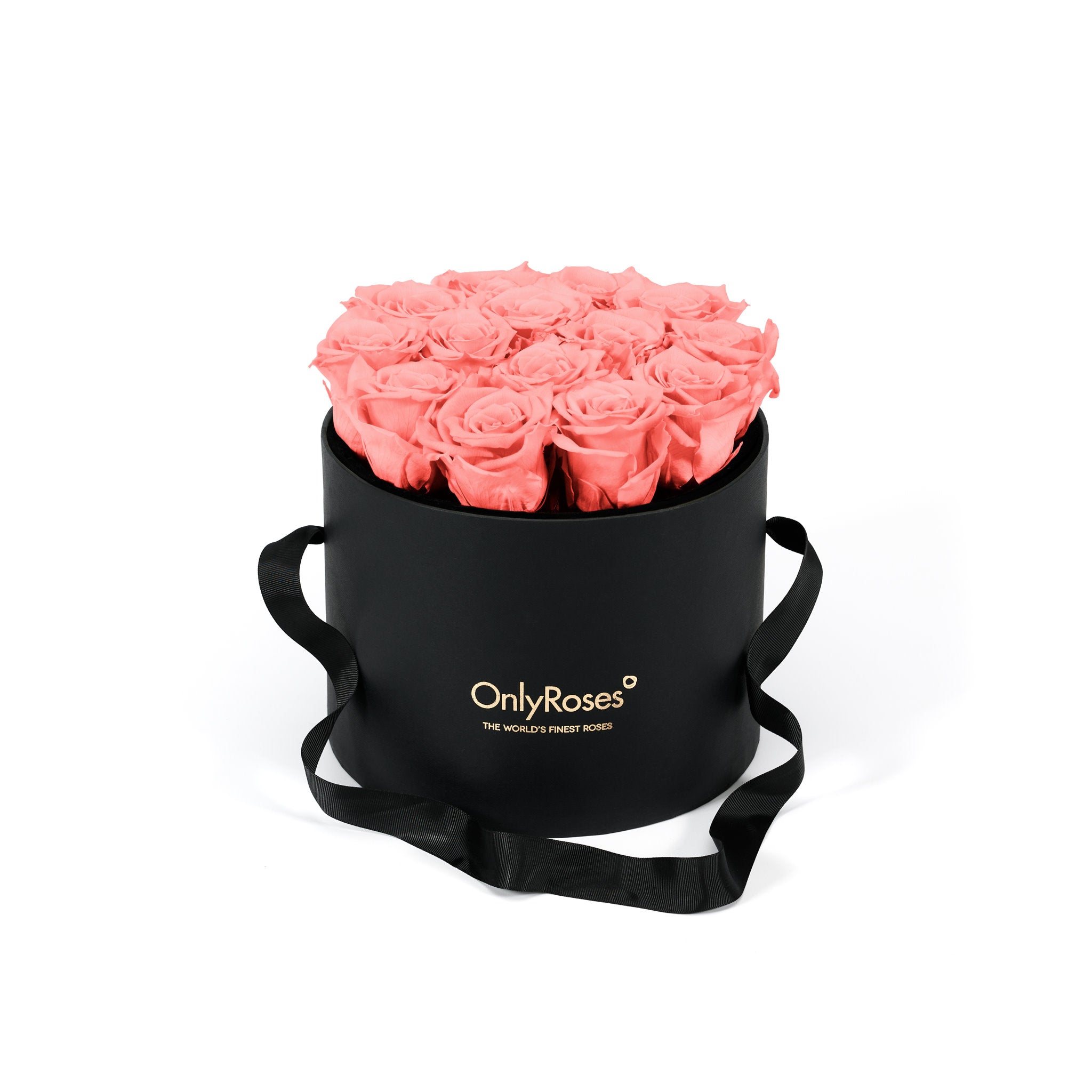Black round box with coral pink roses and 'Only Roses' branding on a white background
