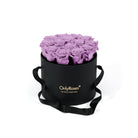 Black round box with purple roses and 'Only Roses' logo on a white background