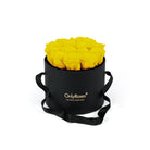 Black round box with yellow roses and 'Only Roses' branding on a white background