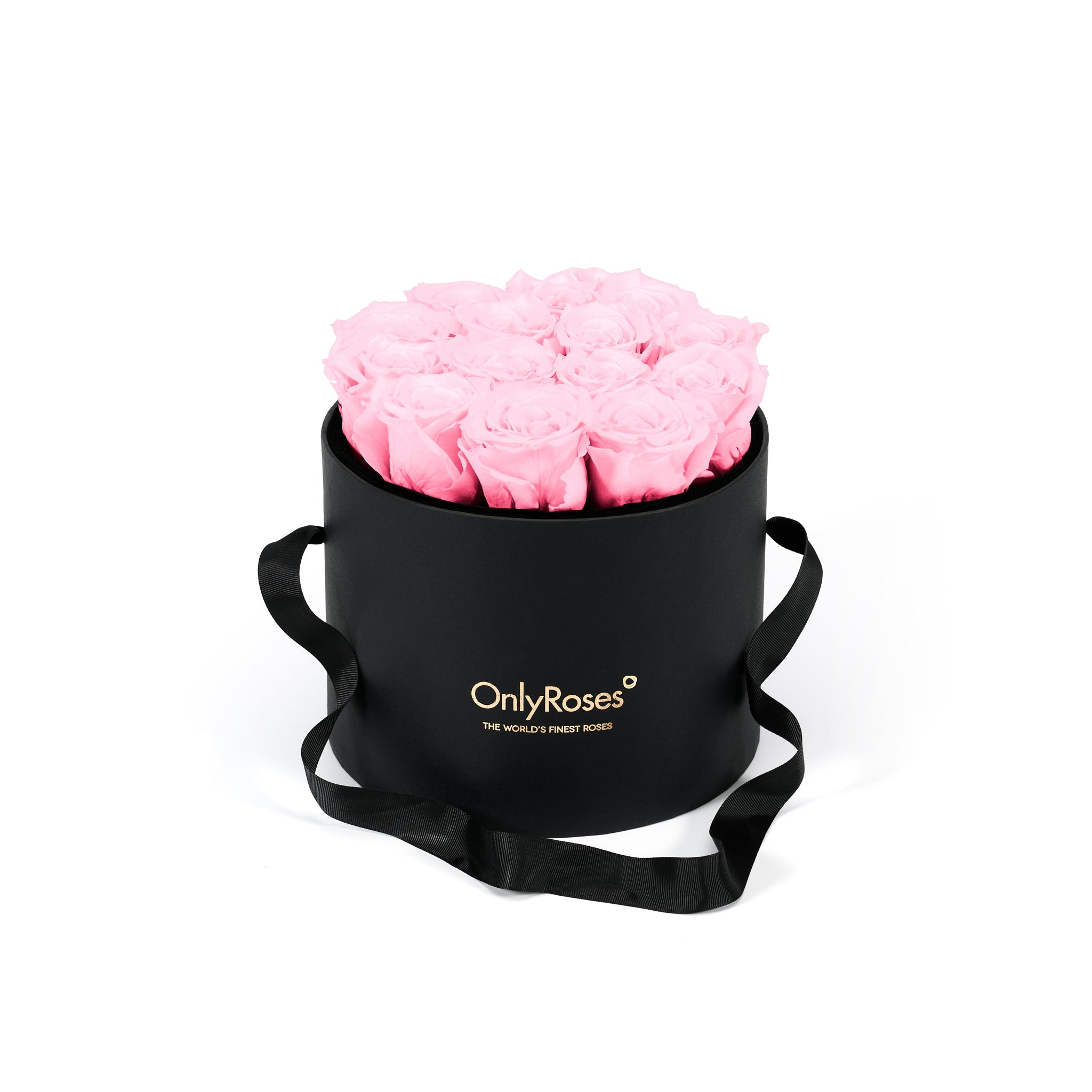 Black round box with pink roses and 'Only Roses' branding on a white background