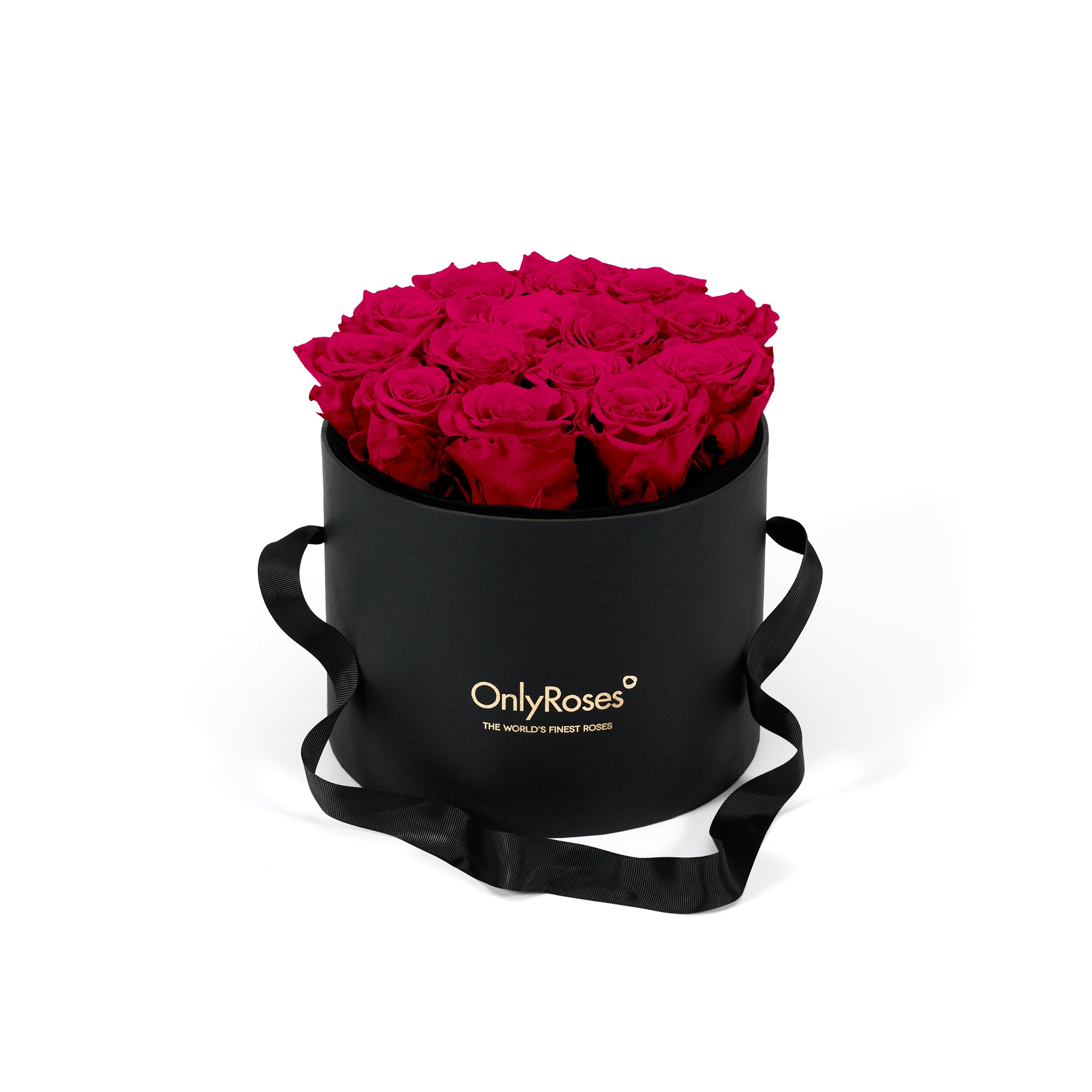 Black box with bright pink roses and 'Only Roses' branding on a white background